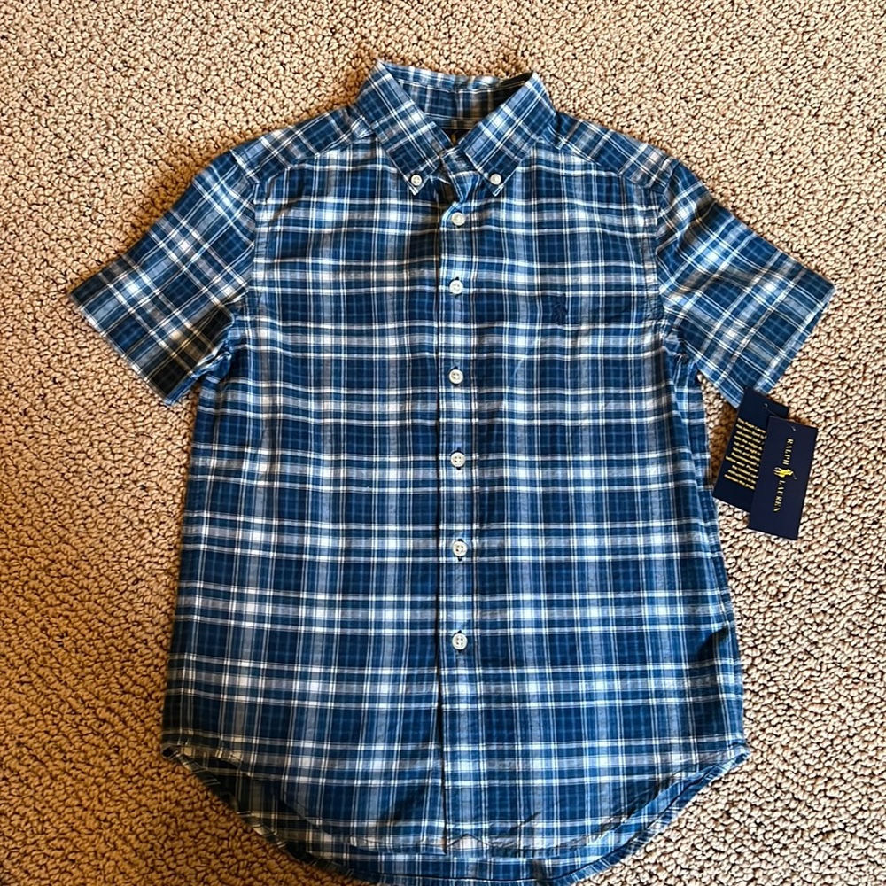Ralph Lauren Blue Plaid short Sleeve Button Down Size 8 NWT
